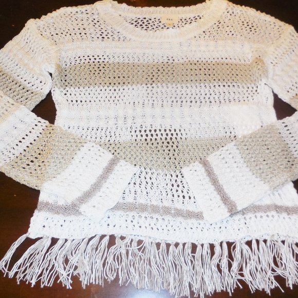 Pullover Sweater NEW Fringed See-through Knit Top Long Sleeve cream-beige summer - Picture 2 of 9